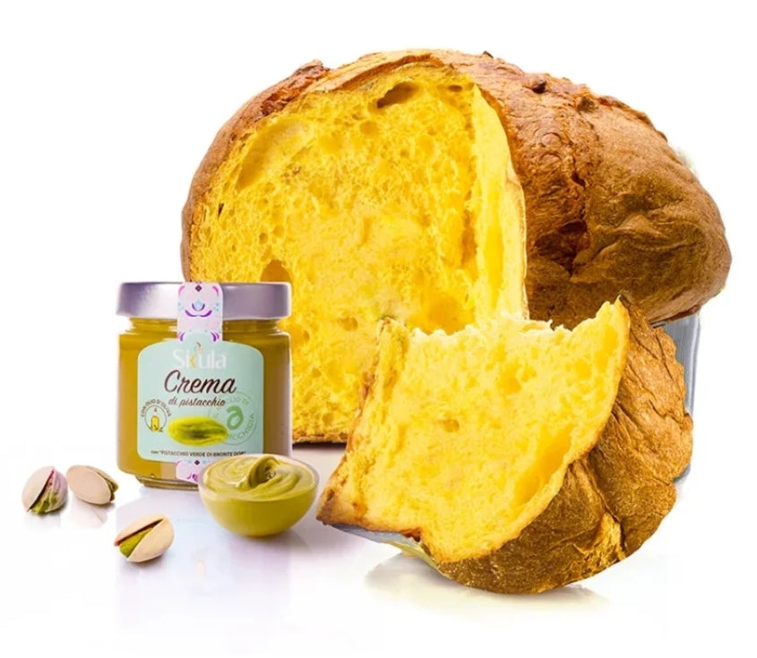 Panettone sans gluten et sans lactose accompagné d'un pot de crème de pistache verte Bronte AOP.